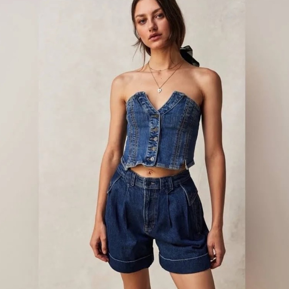 Free People We The Free Miray Denim Tube Top Small Strapless Crop Blue